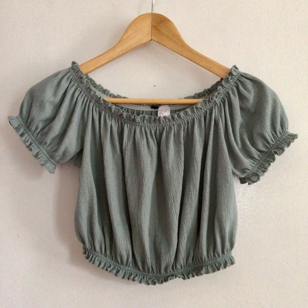 Seafoam green off-shoulder crop top